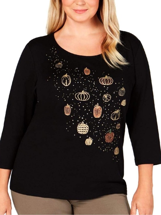 Karen Scott Tops - Karen Scott Pumpkin Cotton Autumn Harvest Embellished Top 1X NWT